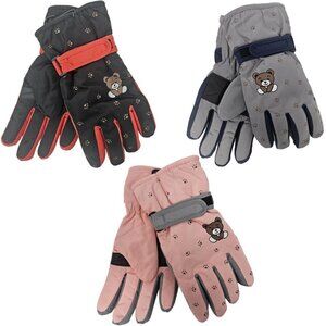 Girls Winter Ski Gloves w/ Bear Print Lined Hook & Loop Waterproof, 3 Pair